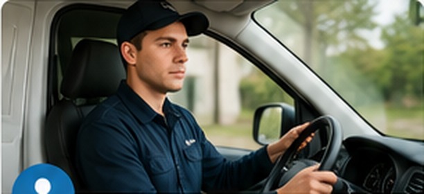 Young commercial service employee driving a company vehicle
